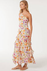 One Shoulder Multicolor Floral Print Flounced Maxi Dresses-Beige